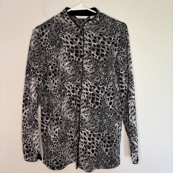LAURA ASHLEY Blazer Women's Small Black Silver Metallic Animal Print Stretch - Picture 1 of 4
